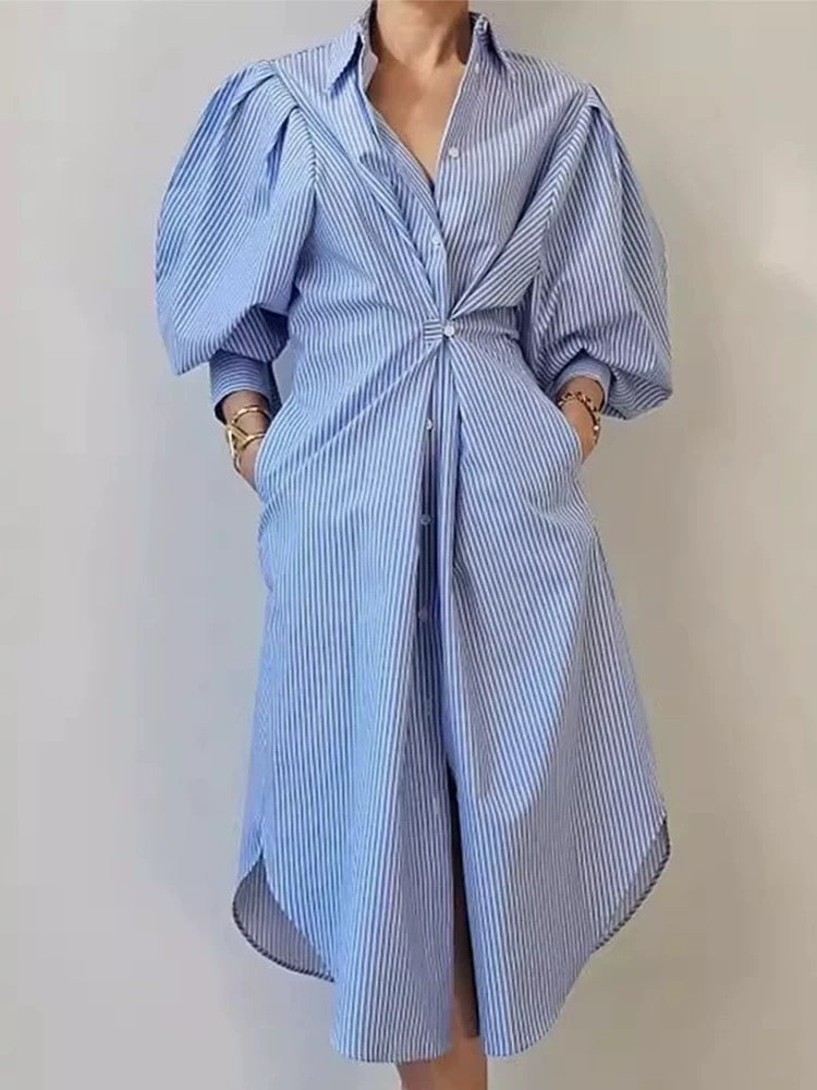 Lrregular Lantern Sleeve Striped Shirt Dress