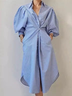 Lrregular Lantern Sleeve Striped Shirt Dress