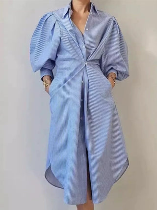 Lrregular Lantern Sleeve Striped Shirt Dress by painevida