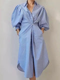 Lrregular Lantern Sleeve Striped Shirt Dress