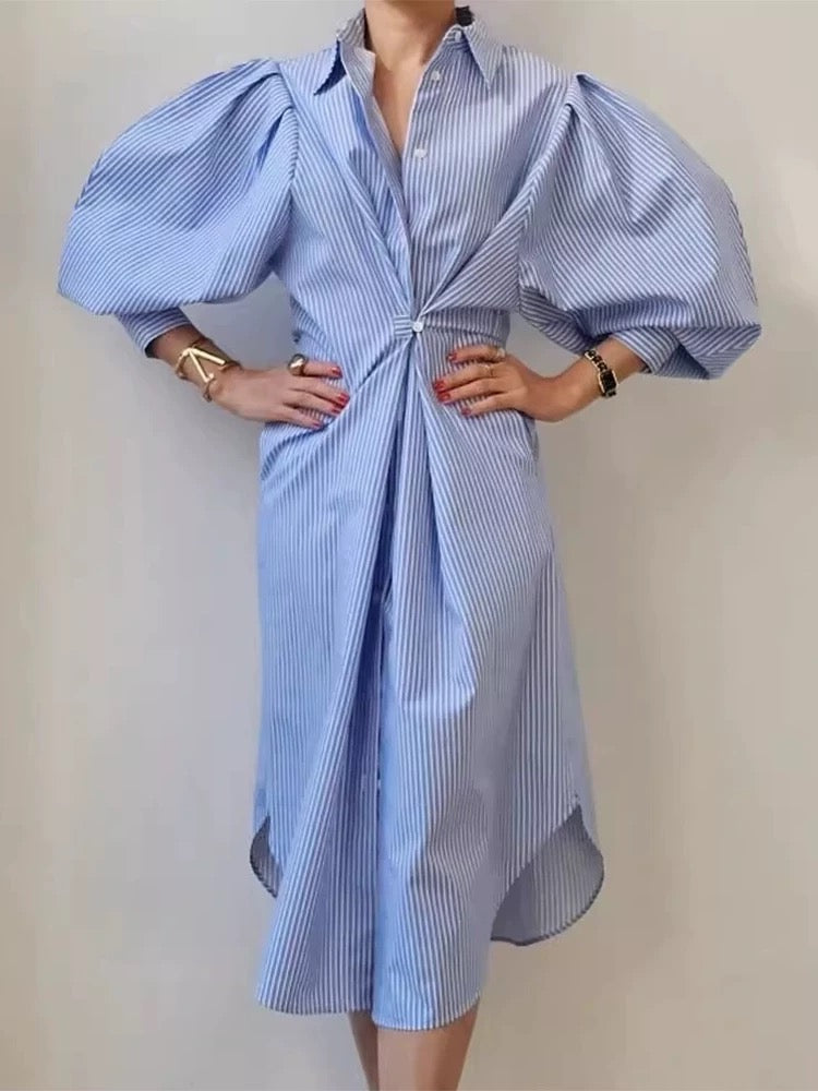 Lrregular Lantern Sleeve Striped Shirt Dress