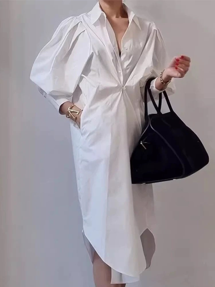 Lrregular Lantern Sleeve Striped Shirt Dress