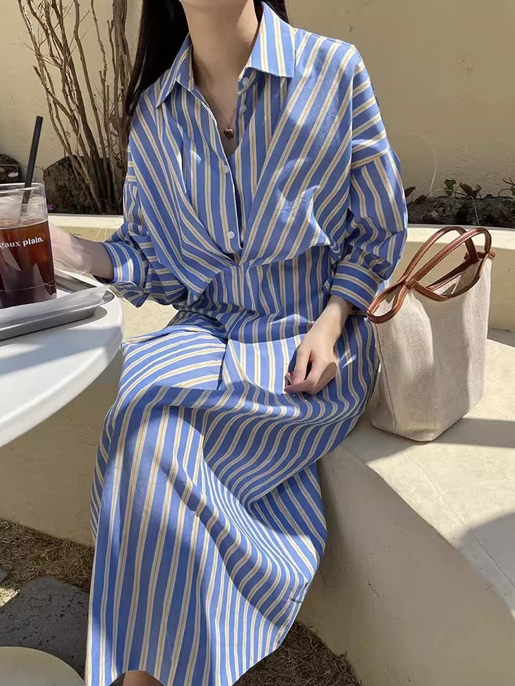 Lapel Single-Breasted Pleated Striped Shirt Dress