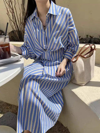 Lapel Single-Breasted Pleated Striped Shirt Dress by painevida
