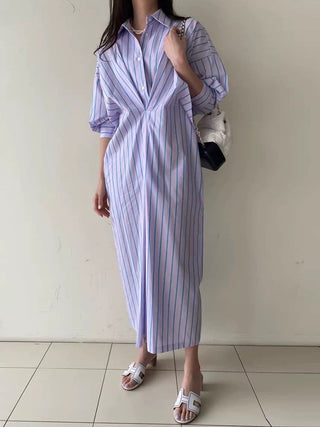 Lapel Single-Breasted Pleated Striped Shirt Dress by painevida