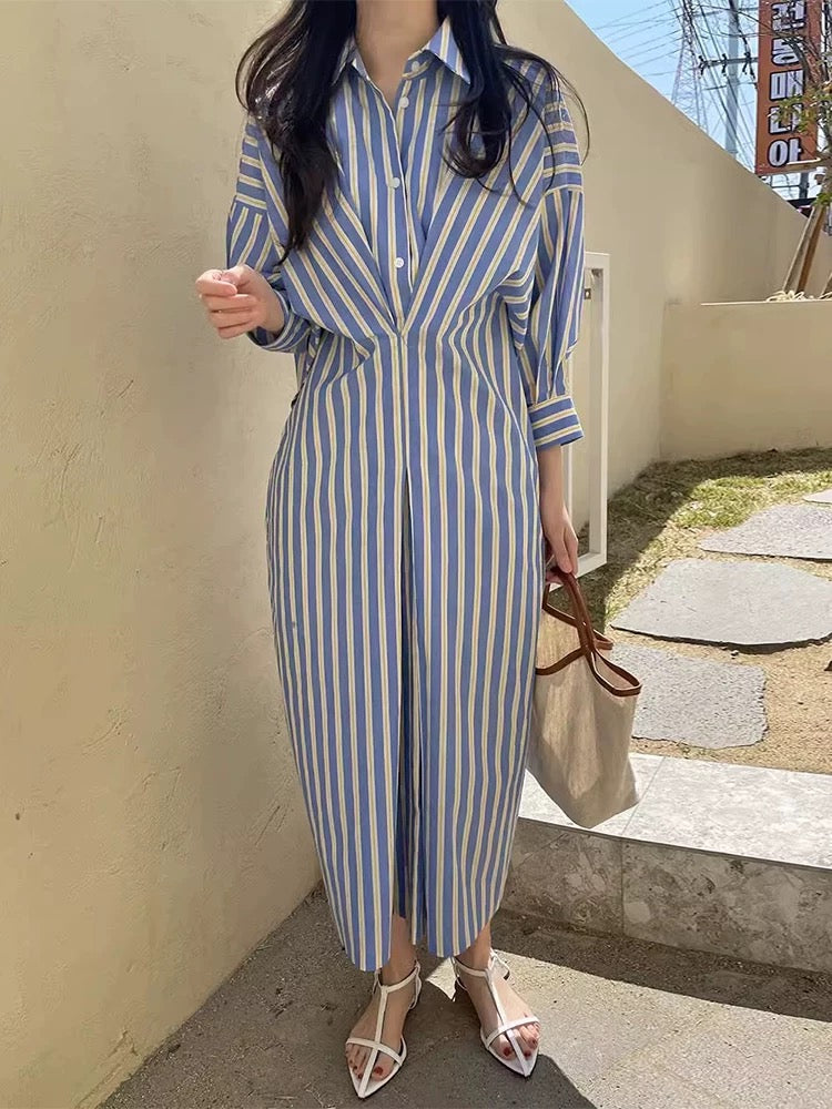 Lapel Single-Breasted Pleated Striped Shirt Dress
