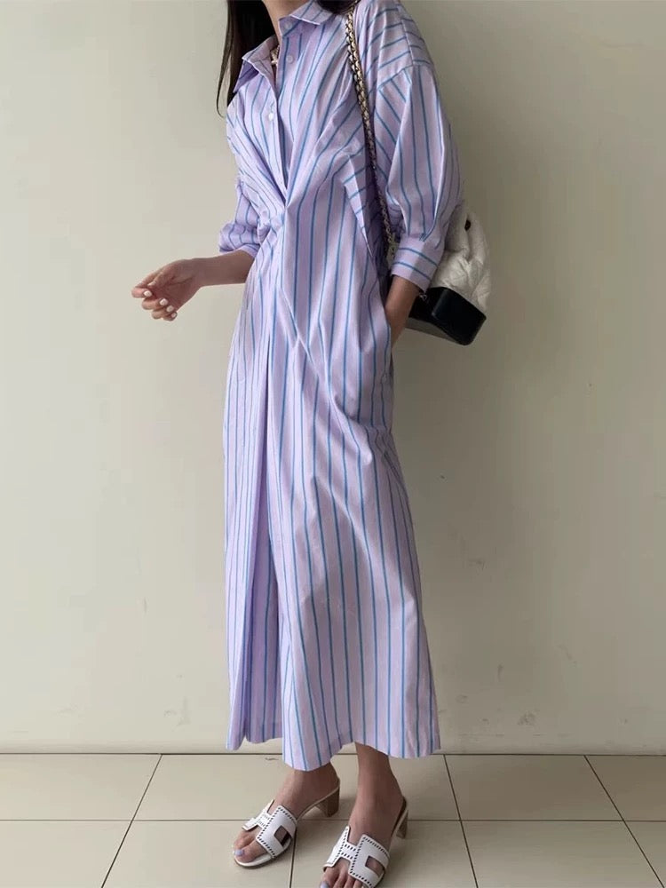 Lapel Single-Breasted Pleated Striped Shirt Dress