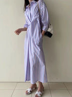 Lapel Single-Breasted Pleated Striped Shirt Dress