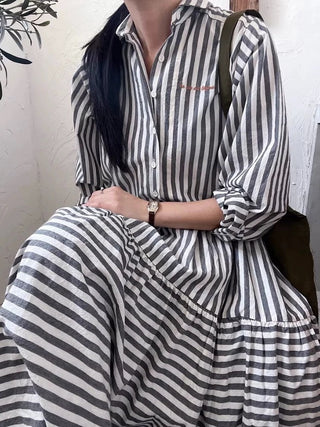 Striped Ruffled Shirt Dress by painevida