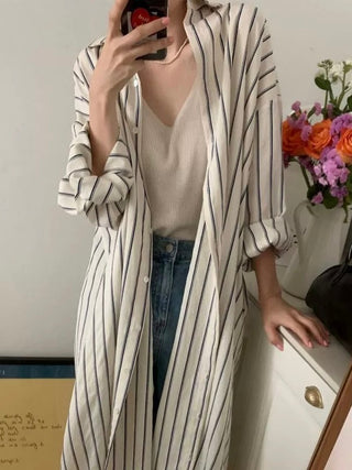 Lapel Contrast Striped Loose Shirt Dress by painevida
