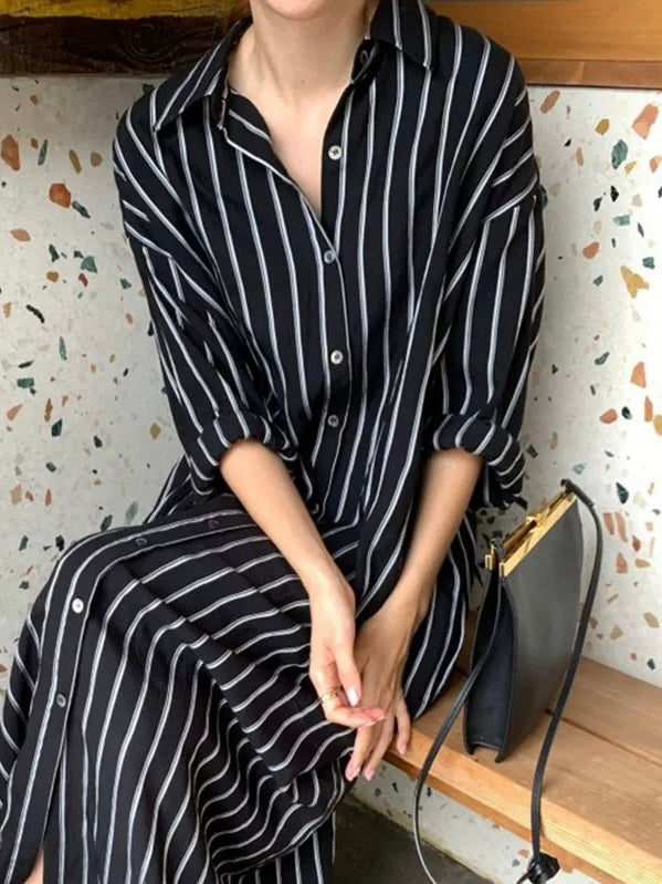 Lapel Contrast Striped Loose Shirt Dress