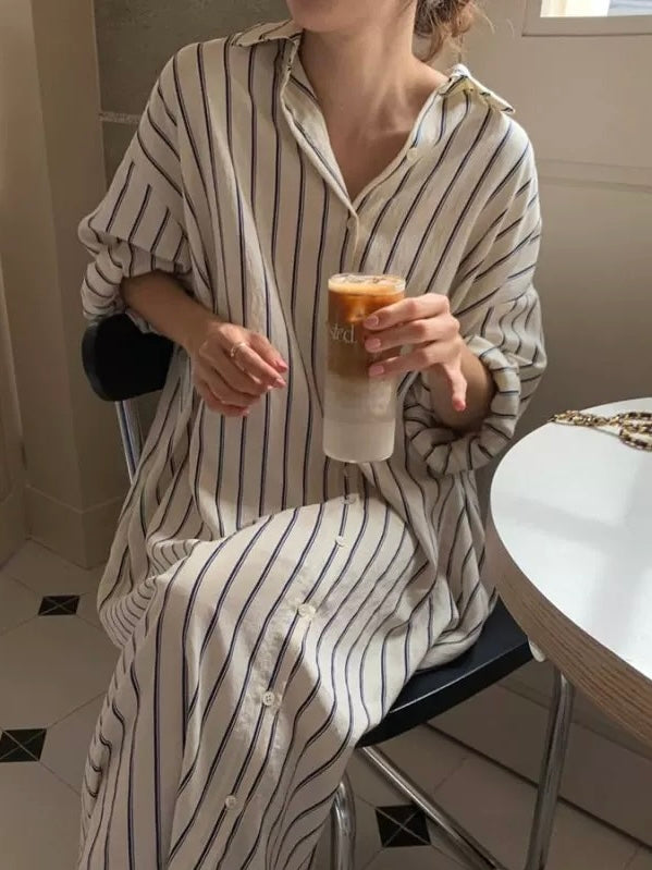Lapel Contrast Striped Loose Shirt Dress