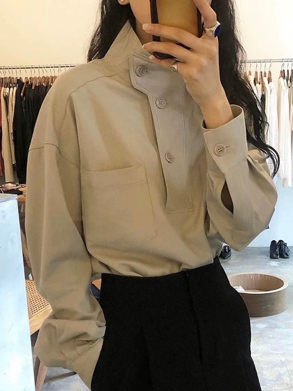 Stand Collar Oblique Button Solid Color Shirt Top