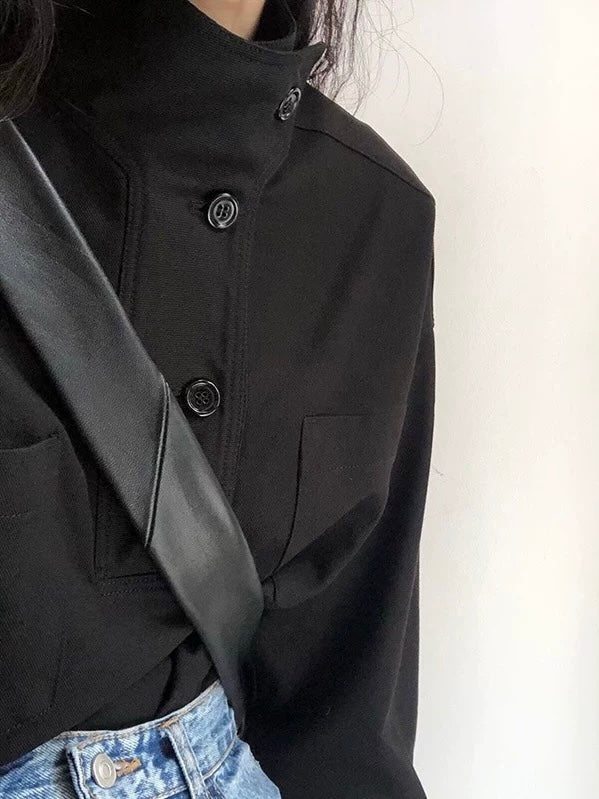 Stand Collar Oblique Button Solid Color Shirt Top