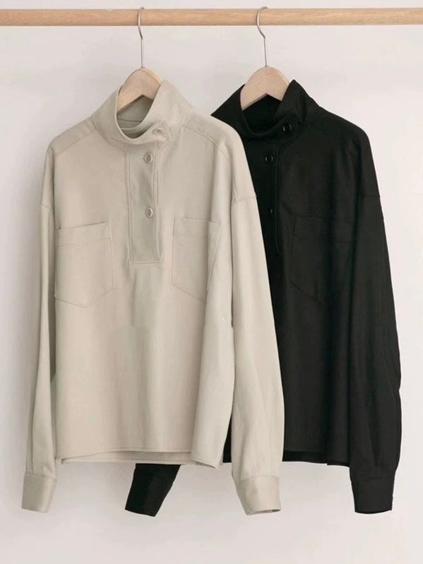 Stand Collar Oblique Button Solid Color Shirt Top