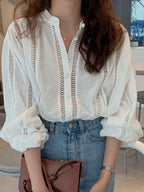 Stand-up Collar Crochet Lace Single-Breasted Long-Sleeved Shirt