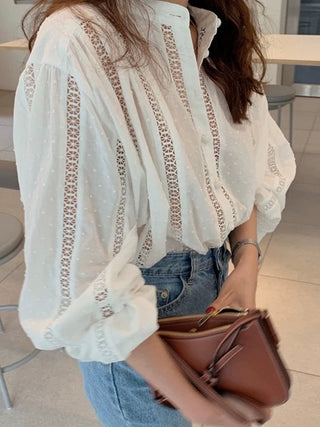 Stand-up Collar Crochet Lace Single-Breasted Long-Sleeved Shirt by painevida
