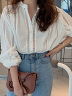 Stand-up Collar Crochet Lace Single-Breasted Long-Sleeved Shirt