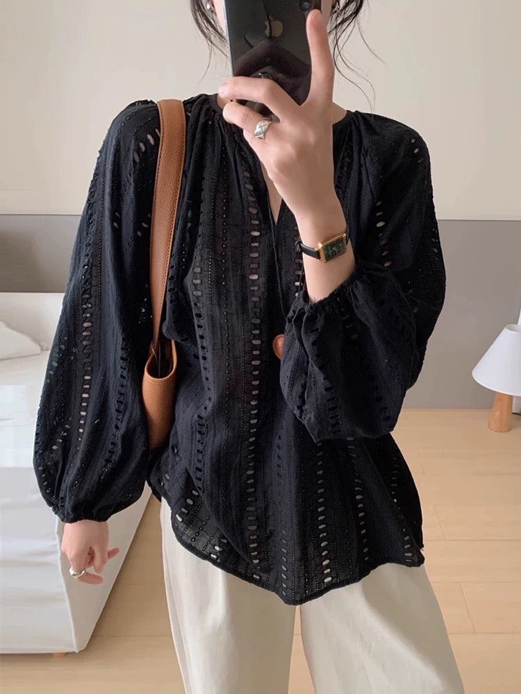 V-neck Embroidered Hollow Jacquard Long-Sleeved Shirt