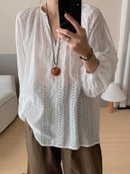 V-neck Embroidered Hollow Jacquard Long-Sleeved Shirt by painevida
