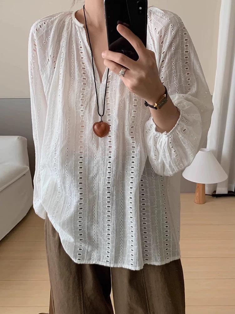 V-neck Embroidered Hollow Jacquard Long-Sleeved Shirt