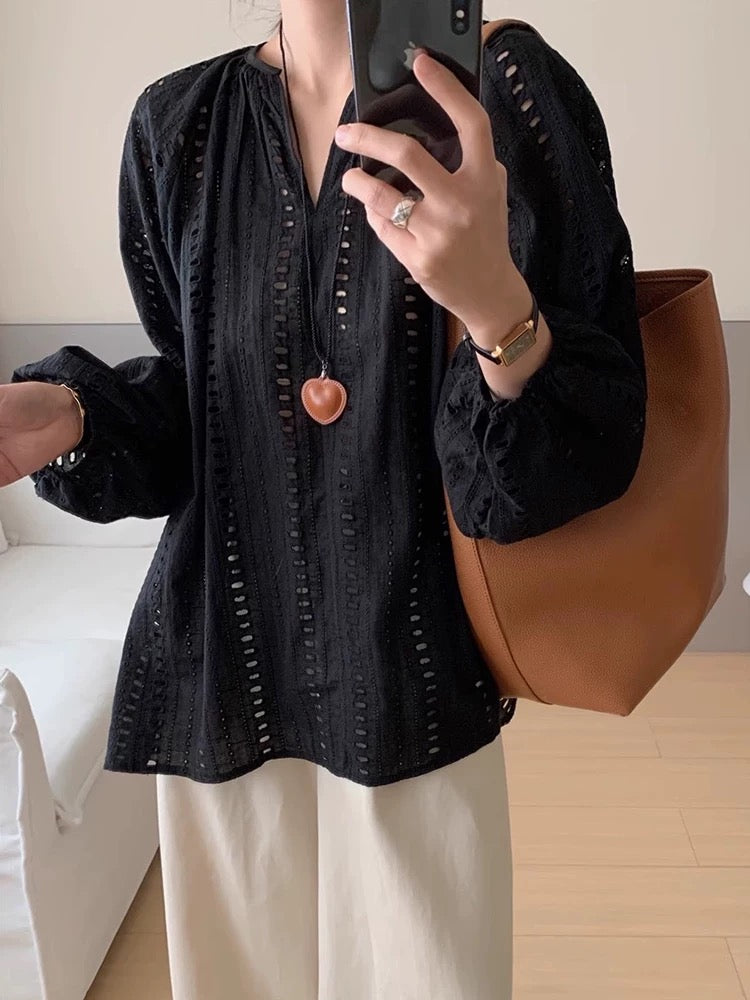 V-neck Embroidered Hollow Jacquard Long-Sleeved Shirt