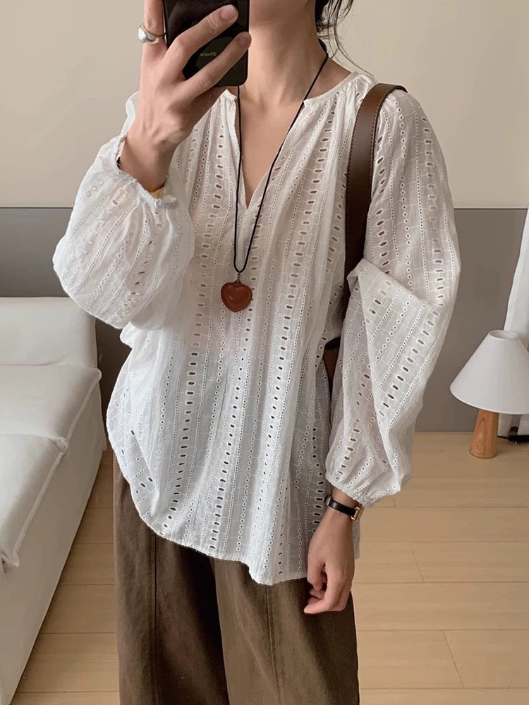 V-neck Embroidered Hollow Jacquard Long-Sleeved Shirt