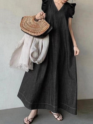 Fly-sleeve Denim Tie Back V-Neck Long Dress