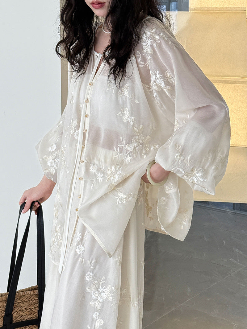 Embroidered Shirt And Skirt Two-Piece Suit