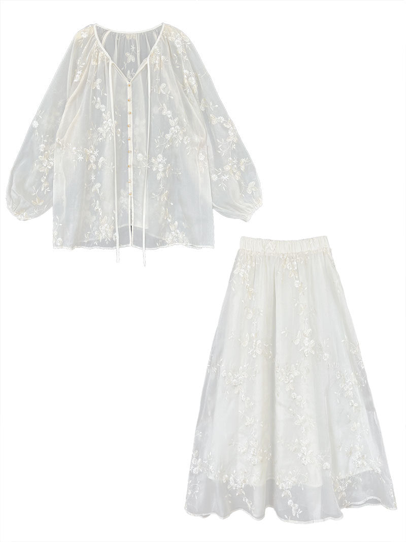 Embroidered Shirt And Skirt Two-Piece Suit