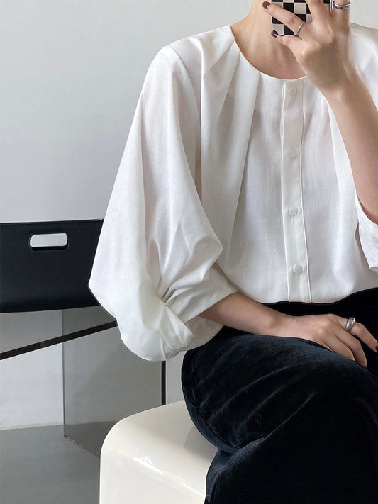 Cotton And Linen Lantern Sleeve Shirt Top