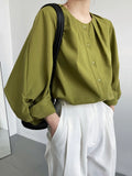 Cotton And Linen Lantern Sleeve Shirt Top
