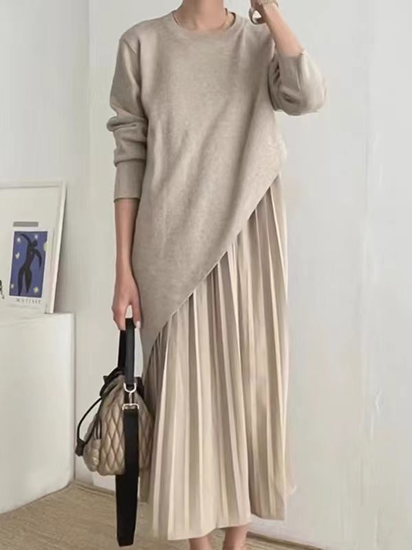 Irregular Knitted Pleated Suspender Dress 2-Pieces Set - PAINEVIDA