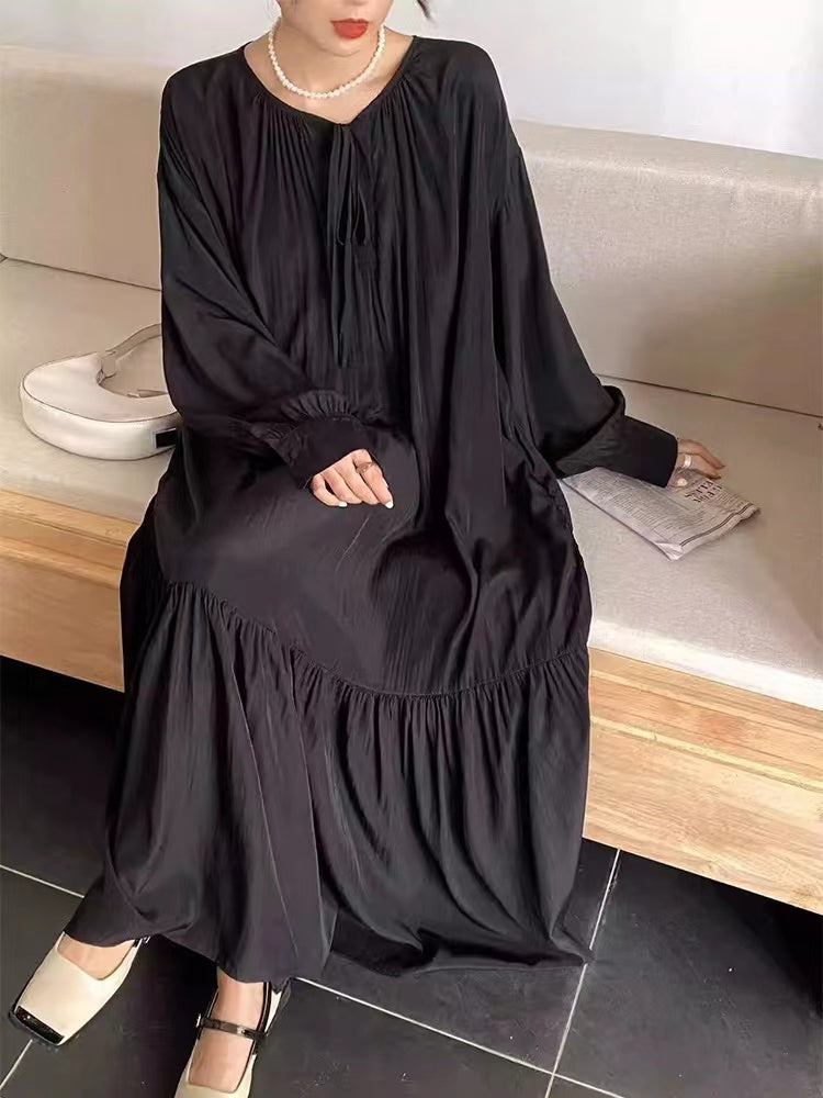 Elegant Silk Lantern Sleeve Long Dress - PAINEVIDA