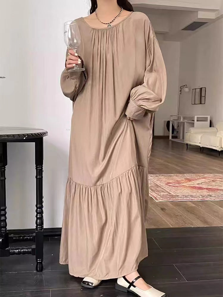 Elegant Silk Lantern Sleeve Long Dress - PAINEVIDA