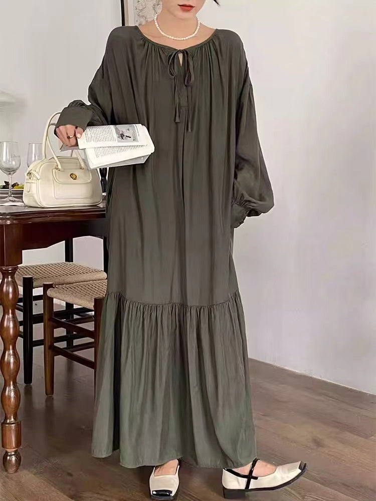 Elegant Silk Lantern Sleeve Long Dress - PAINEVIDA