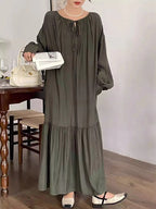 Elegant Silk Lantern Sleeve Long Dress - PAINEVIDA