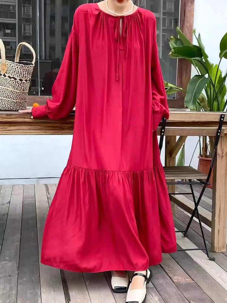 Elegant Silk Lantern Sleeve Long Dress - PAINEVIDA
