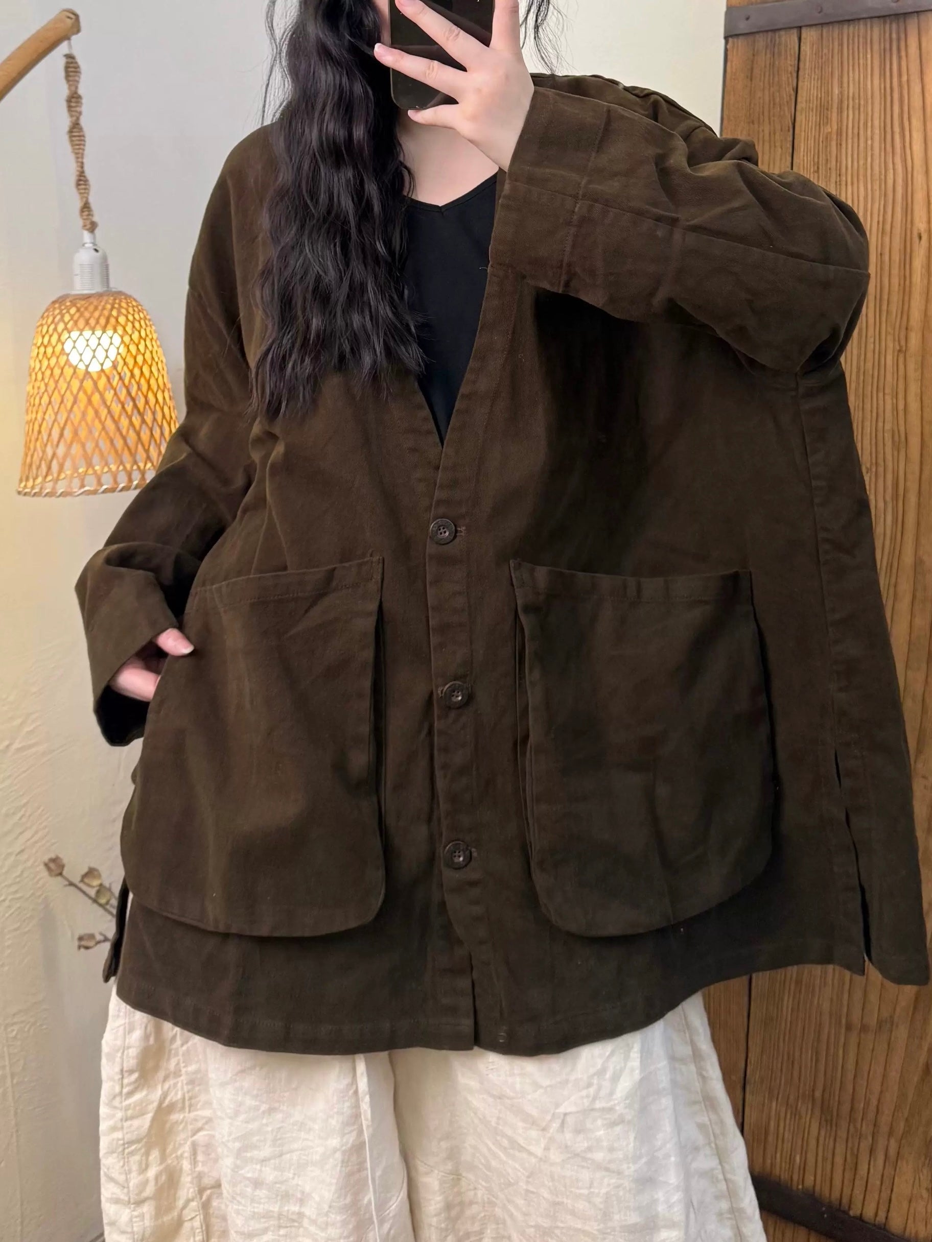 Large Pocket V-Neck Buttoned Snowflake Fleece Jacket