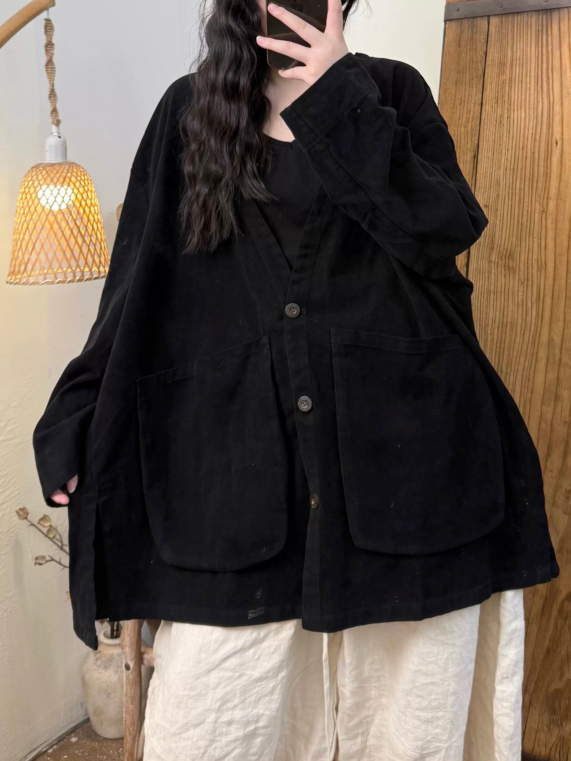 Large Pocket V-Neck Buttoned Snowflake Fleece Jacket