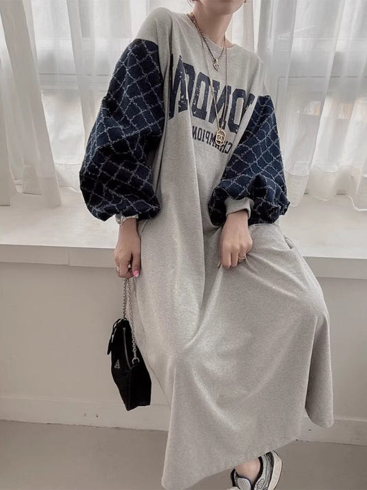 Letter Print Patchwork Lantern Sleeve Sweatshirt Dress - PAINEVIDA