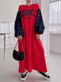 Letter Print Patchwork Lantern Sleeve Sweatshirt Dress - PAINEVIDA