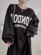 Letter Print Patchwork Lantern Sleeve Sweatshirt Dress - PAINEVIDA