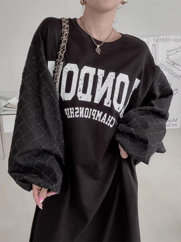Letter Print Patchwork Lantern Sleeve Sweatshirt Dress - PAINEVIDA