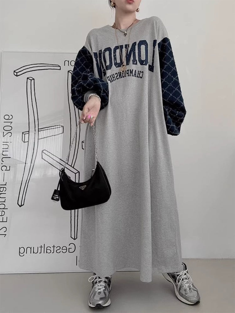Letter Print Patchwork Lantern Sleeve Sweatshirt Dress - PAINEVIDA