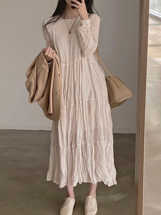 Round Neck Pleated Chiffon Dress - PAINEVIDA