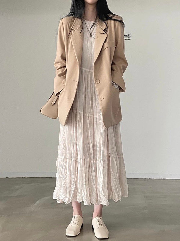 Round Neck Pleated Chiffon Dress - PAINEVIDA