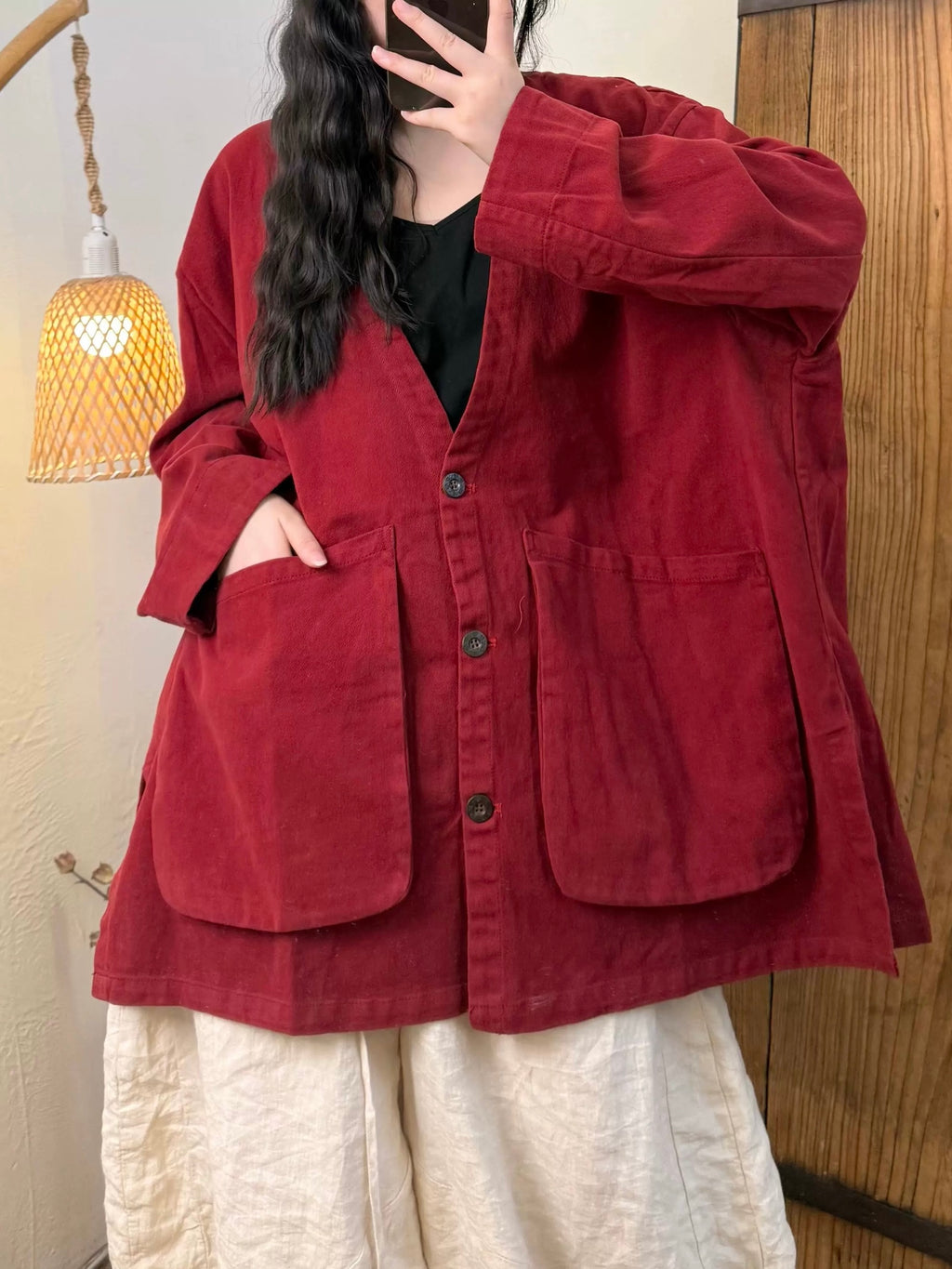 Large Pocket V-Neck Buttoned Snowflake Fleece Jacket