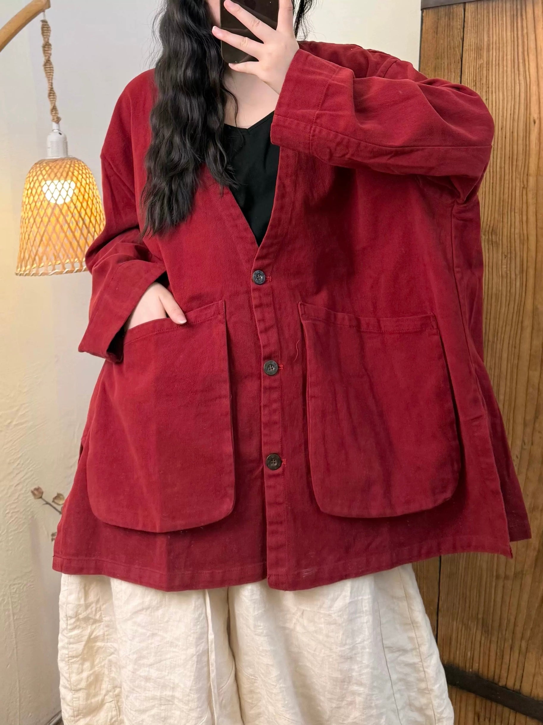 Large Pocket V-Neck Buttoned Snowflake Fleece Jacket