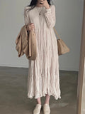 Round Neck Pleated Chiffon Dress - PAINEVIDA